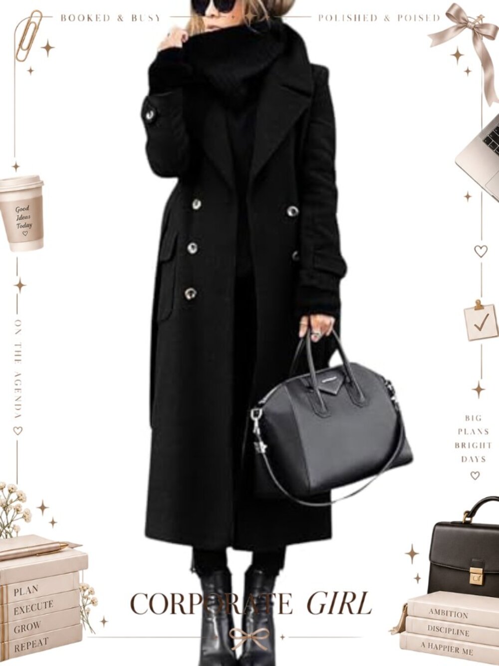 Wool Blend Pea Coat Double Breasted Belted Midi Winter Business Casual Overcoat